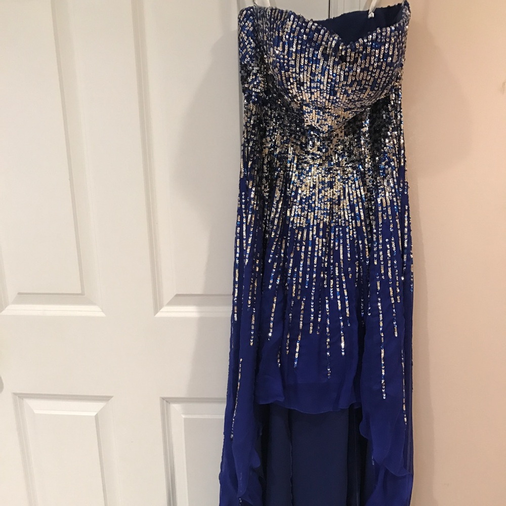 High low sequin strapless prom dress